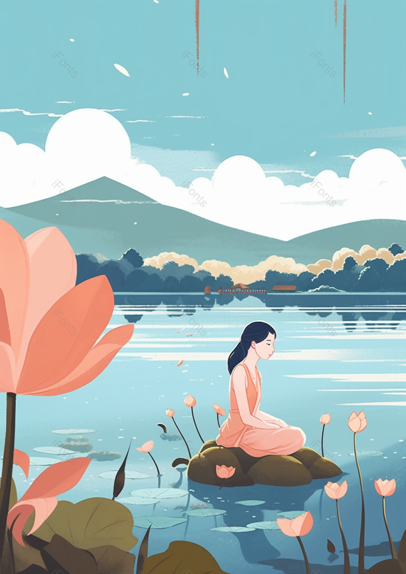 夏天人物风景女孩悠闲荷花池塘插画,插画/手绘图,插画/手绘图库,插画/手绘图下载,插画/手绘